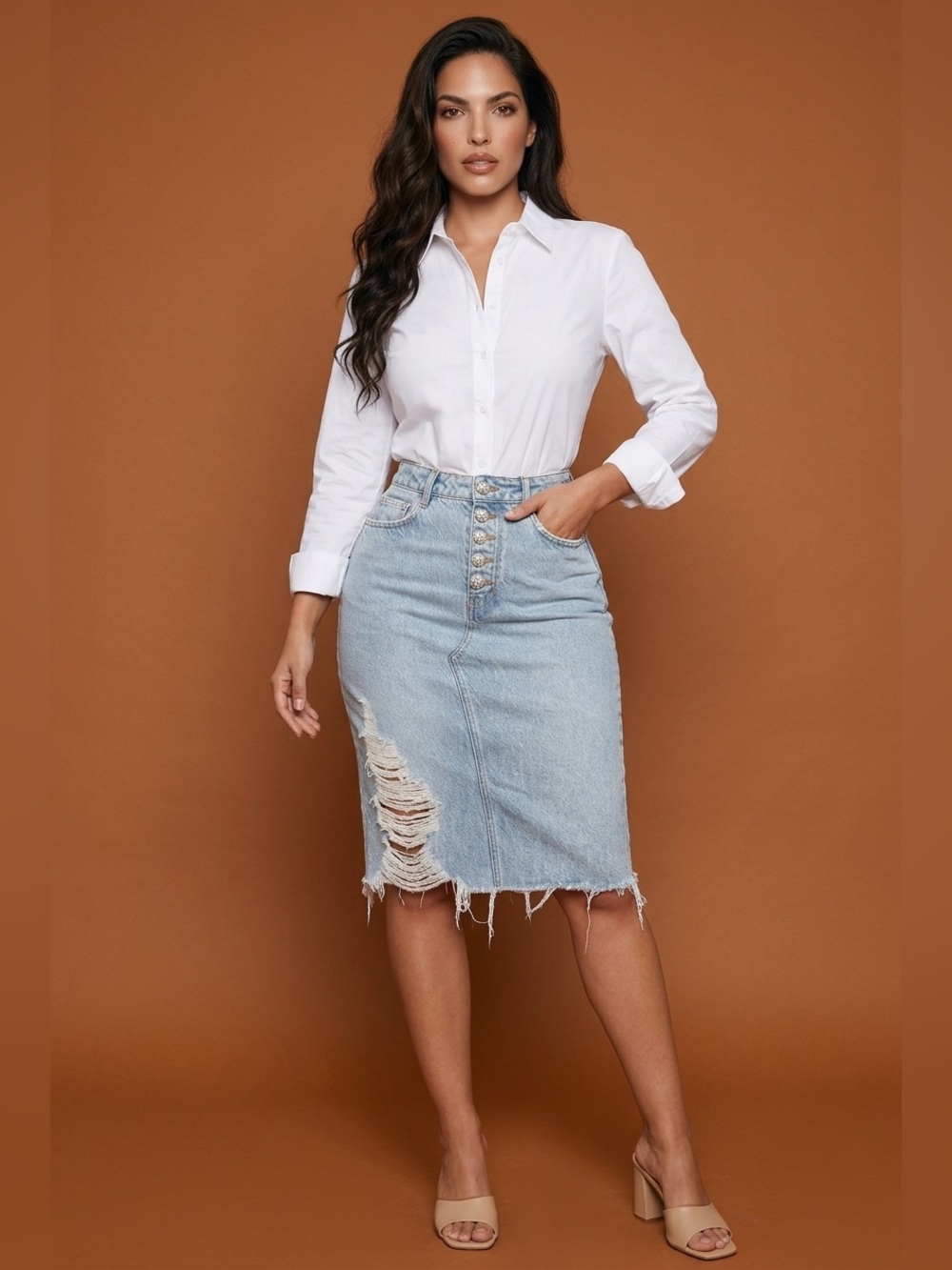 Button-Front Light Blue Distressed Denim Pencil Skirt